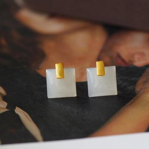 New Silver Inlaid Hotan White Jade Square Swingable Stud Earrings Frosty Wind Niche Design High-Quality Glamour Women Jewelry
