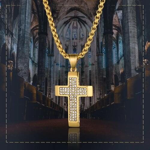 BONISKISS Hip Hop Gold Color Cross Pendant Necklace Religious Iced Out Rhinestone Stainless Steel Necklace Jewely For Men Women
