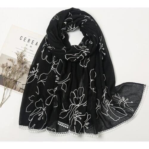 Plain Embroider Lace Floral Viscose Shawl Scarf Lady High Quality Stitch Hijabs and Wraps Pashmina Stole Foulards Muslim Sjaal