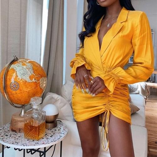 Sexy Satin Mini Bodycon Dress Women 2021 Summer Deep V Neck Drawstring Long Petal Sleeve Dresses Yellow Beach Wear Vestidos