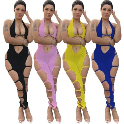 Sexy Solid Backless Women Jumpsuit Deep V Neck Halter Hollow Out Rompers Casual Fitness One Piece Overalls Clubwear