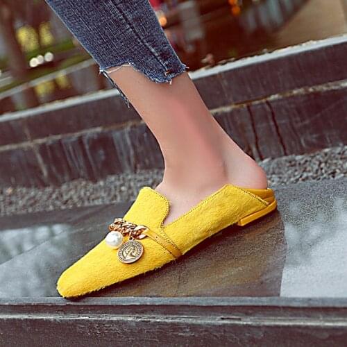 Flat shoes womens shoes horse hair chain leather shoes loafers shoes rivets pearl ladies shoes yellow shoes woman