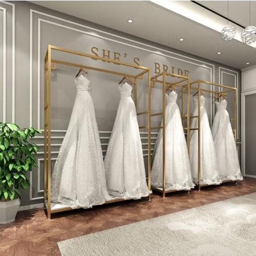 High end wedding dress shop floor type display rack photo studio shelf cheongsam dress hanger gold