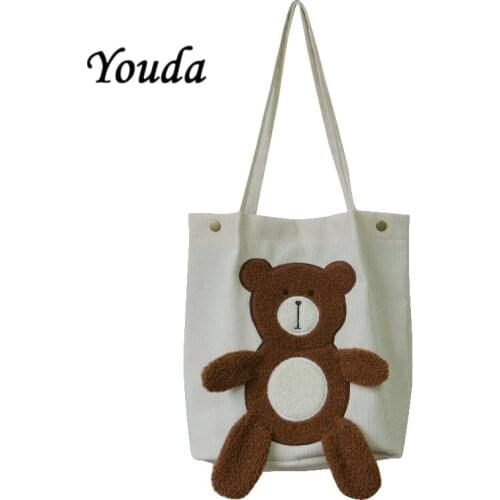 Youda Winter Womens Bags New Corduroy Casual Cute Bear Embroidery All-match Shoulder Bag High Capacity Book Shopping Handbag