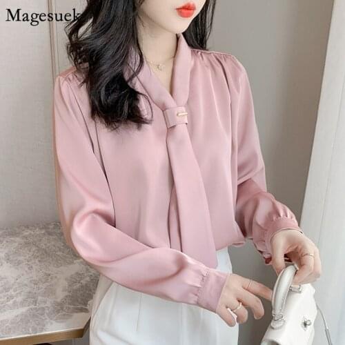 New Summer Chiffon Shirt Blouse Women Long Sleeve Office Lady Satin Shirt Top Loose V-neck Solid Tops and Blouses Blusas 10842