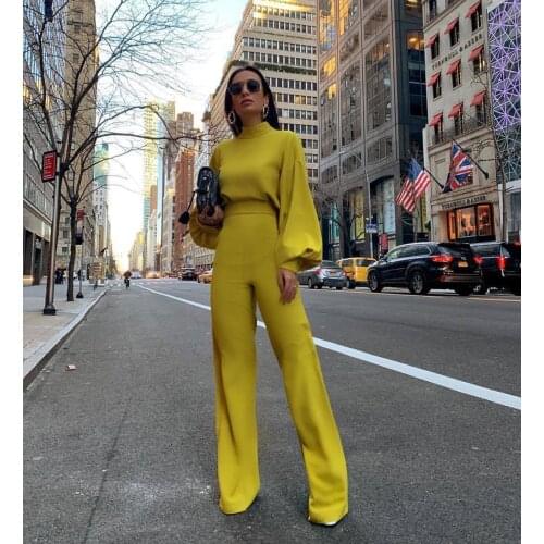 Genuo New 2019Women Spring Fashion Elegant Office Lady Workwear Casual Long Jumpsuits High Neck Lantern Sleeve Wide Leg Overalls