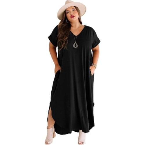 2021 Plus Size Solid Long Ladies Dresses Loose V- Neck Pullover Summer Party Women Dress