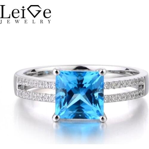 Leige Jewelry Swiss Blue Topaz Solid 925 Sterling Silver Ring Princess Cut Blue Gemstone Birthstone Engagement Rings for Her
