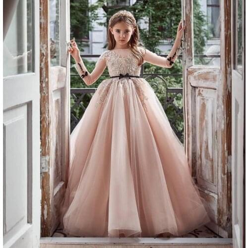 Custom Pink Flower Girl Dress Long Sleeve Beaded Lace Sheer Neck Backless Girls Pageant Gown Party Dress