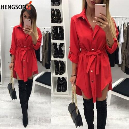 Irregular Tie Waist Shirt Dress Women Autumn Wrap Dress Long Sleeve Turn Down Collar Army Green Red Short Dresses