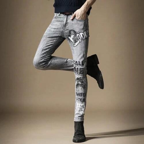 Free Shipping New 2020 mens male fashion jeans brand slim Spring pants Korean trend high-end embroidery gray trousers