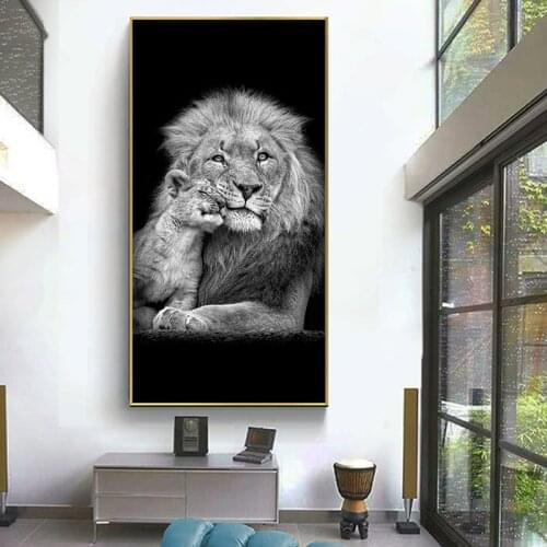 Black and White Lion and Baby Cub Canvas Art Painting Posters and Prints Scandinavian Modern Wall Art Picture for Living Room