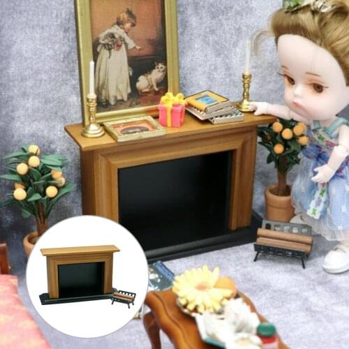 Furniture Toy 1:12 Mini Dollhouse Furniture Miniature Wooden Fireplace + Firewood Rack Holder Kids Pretend Play Toy for Kids