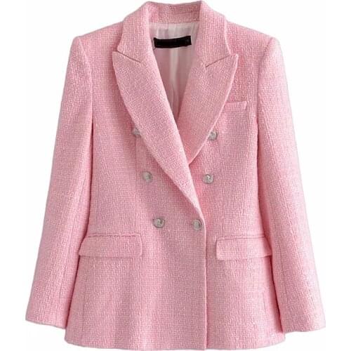 Stylish Chic Pink Double Breasted Tweed Jacket Women 2021 Fashion Pockets Turn-down Collar Coats Female Casual Outerwear