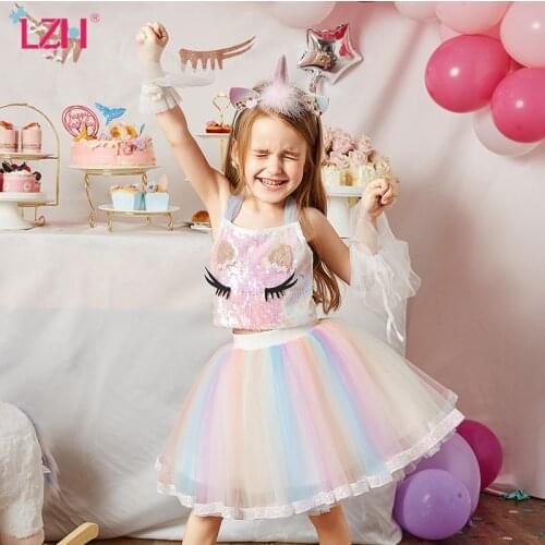 LZH 2021 Summer Fashion Unicorn Sequined Top+Rainbow Mesh Skirt 2Pcs Suit Sleeveless Sweet Baby Girls Suits New Children Clothes