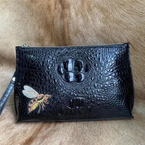 Exotic Real Alligator Skin Zipper Closure Mens Large Clutch Purse Authentic Crocodile Leather Wristlets Bag Mens Laptop Case