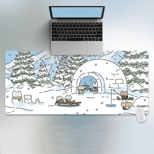 90x40cm 35.43x15.74 Inch Super Large Size Cute High Definition Cartoon Rabbit Igloo Pattern Table Mat Non-slip Mouse Pad