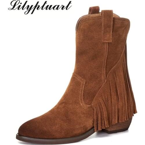 2021 New European and American Style Cowhide Ankle Boots Round Head Tassel Thickened High-heeled Retro Ankle Boots Female Black