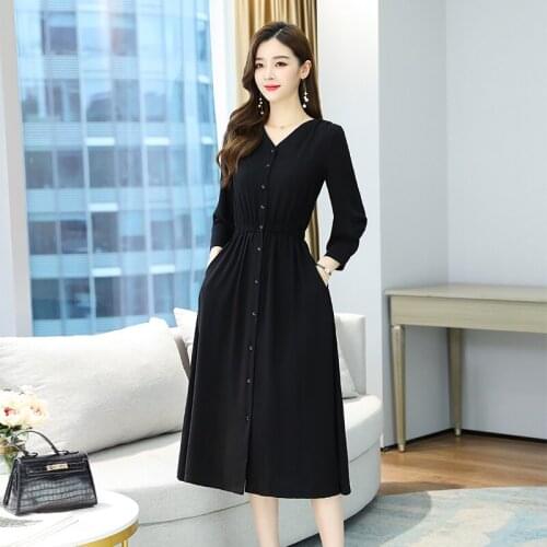 NEW ! Women Long Black Pocket Dress Long Sleeve Autumn Spring Runway 2020 Elegant Korean Party Night Dress Casual Dress Fall