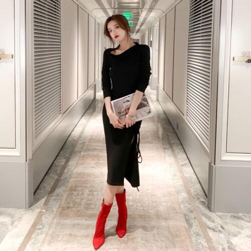 New arrival fashion spring midi dress women OL high street temperament personality pleated black sexy slim thin party dress