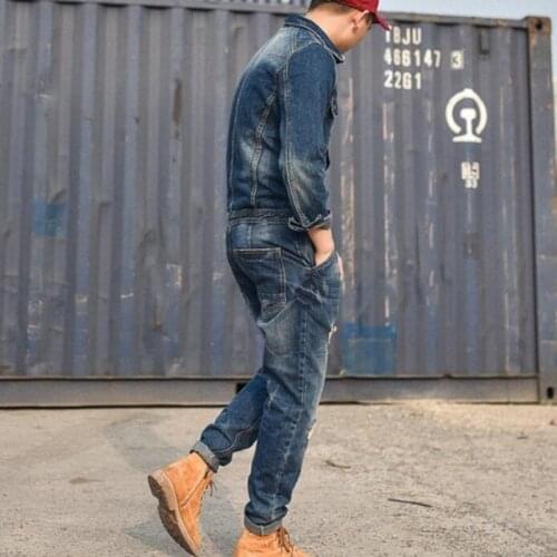 Autumn Retro One Piece Classic Denim Jumpsuit Long Sleeve Cargo Overalls Single Breasted Hole Ripped Jeans Trousers Pockets Pant