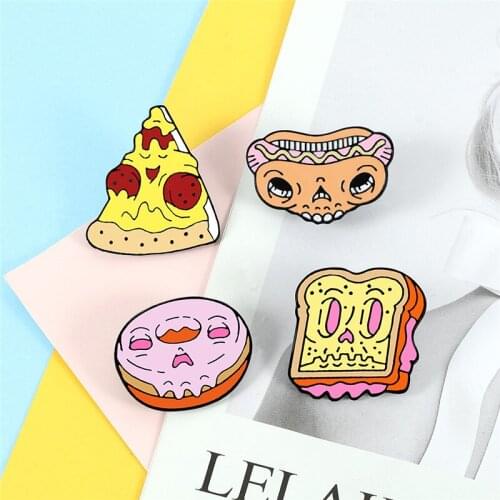 Food Brooch Cartoon Skull Hot Dog Pizza Sandwich Donut Enamel Pin Clothes Bag Lapel Button Pins for Women Men Jewelry Kids Gift