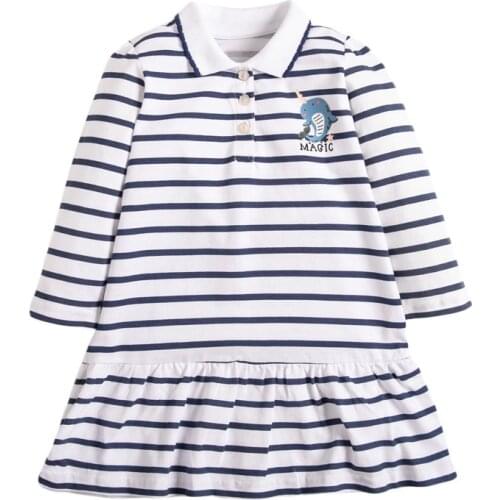 Frocks for Baby Girls Brand Autumn Clothes Casual Cotton Dolphin Print Toddler Peter Fan Collar Striped Dress for Kids 2-7 Years
