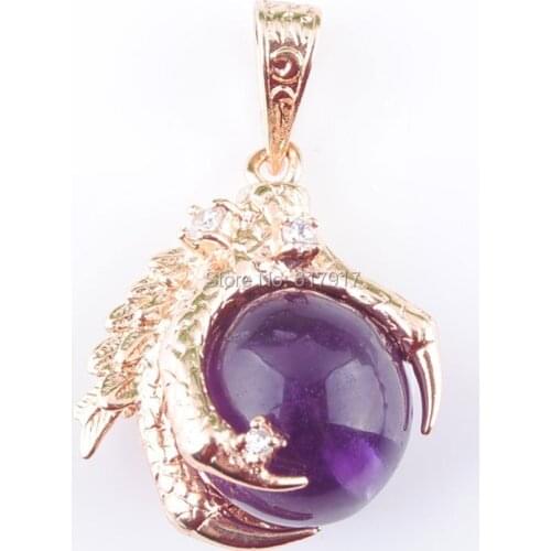 RONGZUAN New Natural Amethysts Stone Round Ball Bead Dragon Claw Crystal Reiki Chakra Pendant Necklace 18" Chain Jewelry TN3104