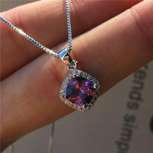 Luxury Female Square Pendant Necklace silver color Wedding Necklace Green Blue Purple White Zircon Necklace For Women