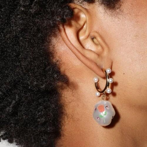 Rose floral smile heart enamel baroque dangling hoop earring for women french painting irregular pearl earring summer bohemia