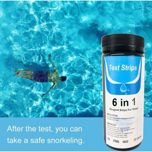 50Pcs 6in1 Swimming Pool Chlorine Alkalinity Water Quality Test Paper Residual Chlorine PH Value Alkalinity Hardness Test Strip
