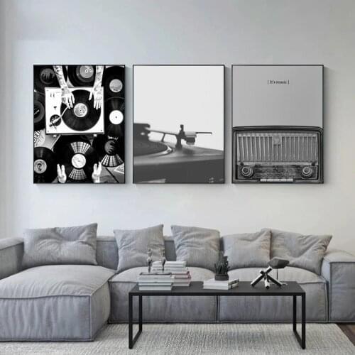 Vinyl Records Wall Art Canvas Painting Black and White Vintage Music Posters and Prints Wall Pictures for Living Room Home Decor