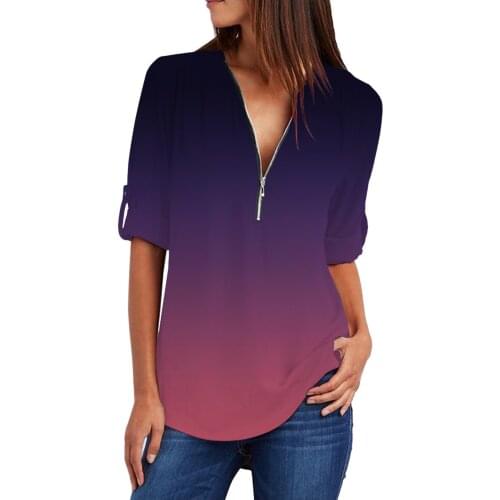 Womens' Gradient Shirt Casual Long Sleeve V Neck Cuffed Pleated Zip Up Blouse Shirts Vetement Femme 2021 Blusas Y Camisas