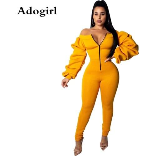 Plus Size XXL Zipper Front Slash Neck Off Shoulder Jumpsuit Long Puff Sleeve Thick Romper Fashion Solid Color Female Outfits