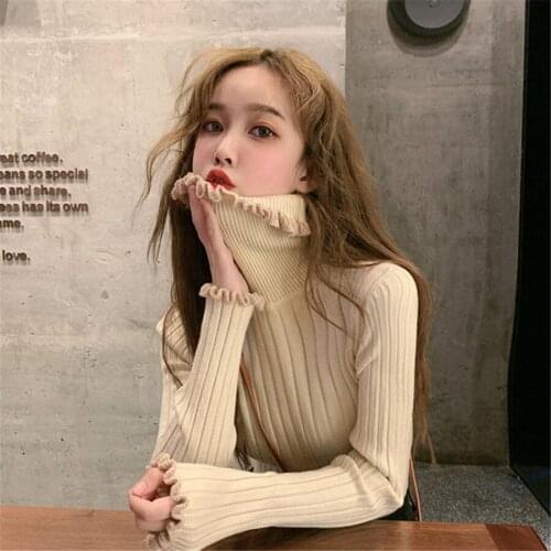 2019 Spring Autumn Winter Women Sweater Pullovers Long Sleeve Button Turtleneck Chic Sweater Female Solid Knit Top Soft Warm