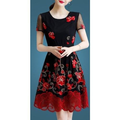 2021 Women Dress Mesh Embroidery Butterfly Laces Flower Hollow Out Belt Pring A-line Chiffon Slim Vestidos Party Dress 1760