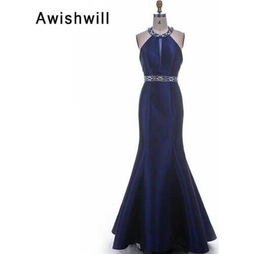 Charming Evening Gowns for Women Halter Beaded Backless Mermaid Long Dresses Evening Navy Blue Custom Plus Size Vestido Longo