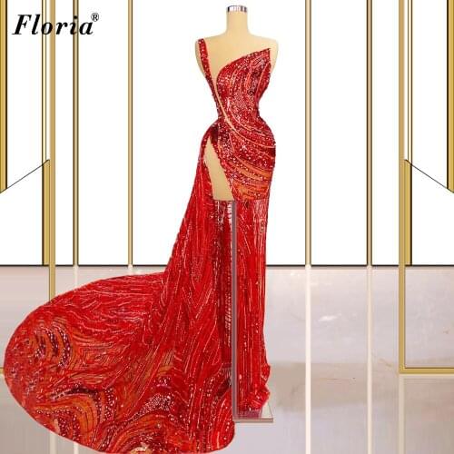 Haute Couture Red Evening Dresses Mermaid Glitter Illusion Celebrity Dresses For Women 2021 Prom Party Dresses Vestidos