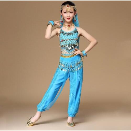 Children belly dance 5 pcs(top+pant+waist chain+bracelet+headdress) indian clothes girls belly dance bollywood costume H006
