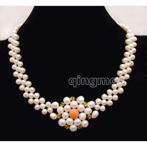 6-7mm White Round Natural FW pearl and 9-10mm Pink Coral handwork Weaving 17'' 3 strands Necklace-nec6187 Wholesale/retail free
