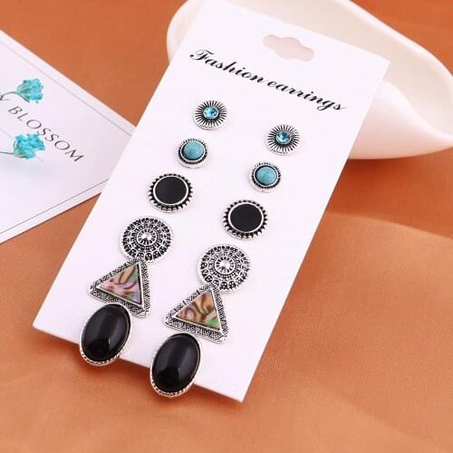 6 Pairs/Set New Fashion Accessories Stud Earring Sets Multiple Color Geometric Round Carved Flower Crystal Earring For Women