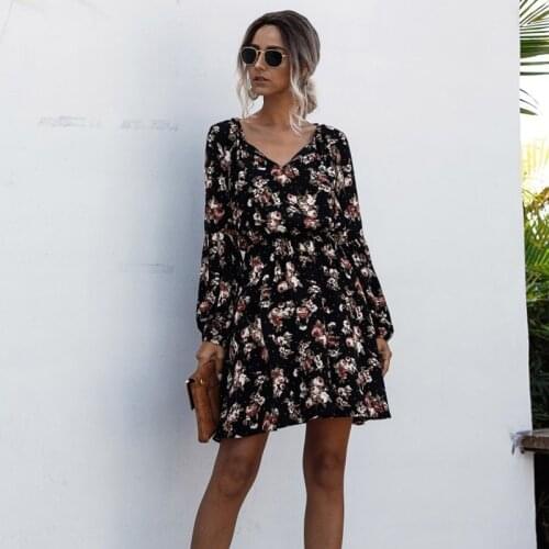 Floral Print V Neck Dress High Waist Long Sleeve Folds Elegant Dress Women Casual Streetwear Loose Bandage Boho Beach Dresses