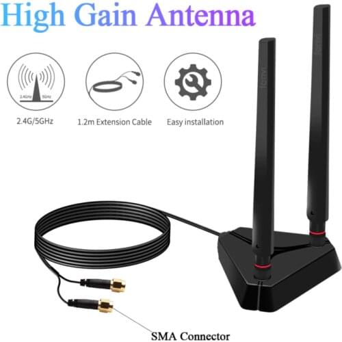 Dual Band 2.4G/5Ghz Powerful 2 High Gain 360 Degree SMA Omnidirectional 1.2M Extension Base Antenna for Wireless Router/Adapter
