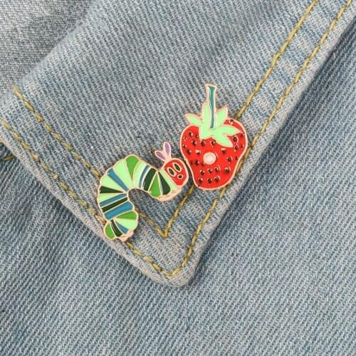 Strawberry Caterpillar Enamel Pins Cartoon Plant Animal Badge Brooch Lapel Pin Denim Jeans Shirt Funny Jewelry Gifts Wholesale