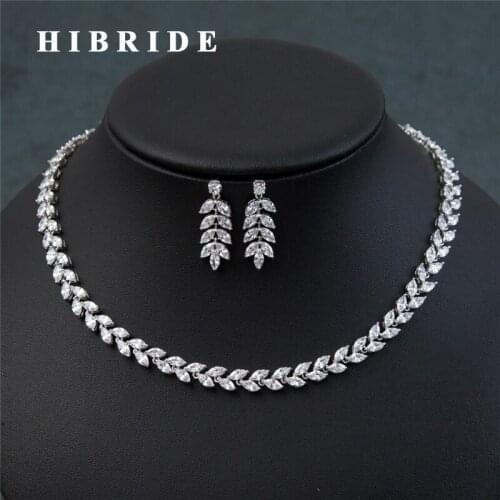 HIBRIDE 2017 Hot Leaf Shape AAA Cubic Zircon Women Bridal Jewelry Sets Elegant Female Necklace Earring Set N-213