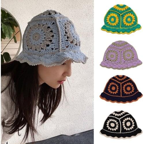 Korean Hollow Knitted Hat Women Handmade Crochet Basin Hat Spring Summer Sunscreen Sun Hat Female