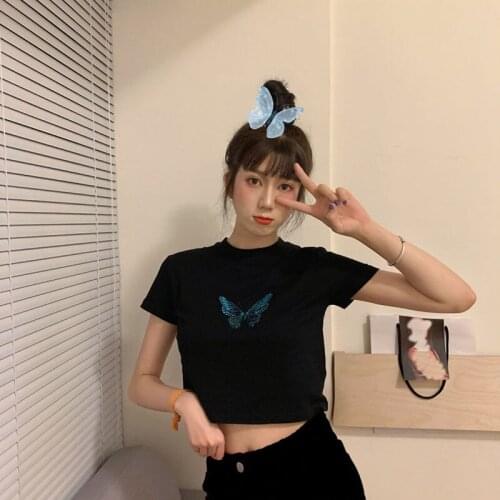 Summer Round Neck Short T-shirt New Korean Version Of The Navel Short-Sleeved Girl Butterfly Embroidery Top