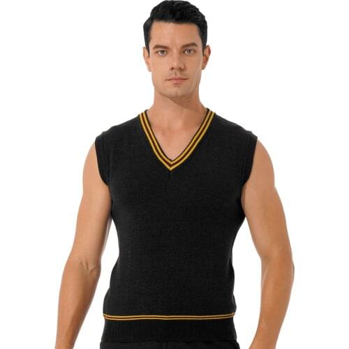 Men Halloween Cosplay Costume Soft Breathable Knitted Vest Top V Neck Sleeveless Sweater Color Block Striped Waistcoat Knitwear