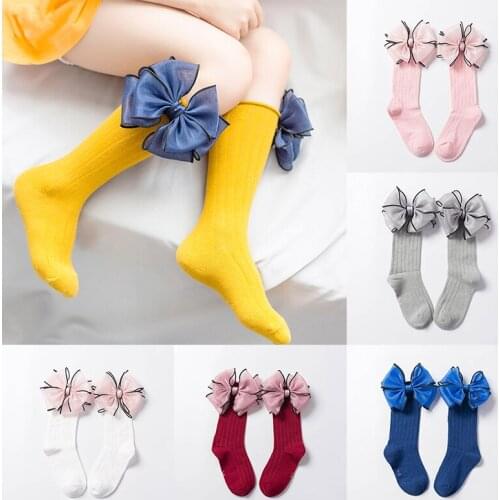Sweet Children Socks With Bows Baby Girls Sock Knee High Cotton Baby Long Socks For Kids Socken Candy Color Newborn Infant Sock