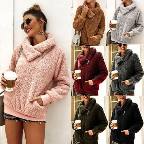 2020 New Fashion High Neck Plush Womens Jacket Autumn Winter Long Sleeve Slant Zipper Pocket Teddy Heavy Jacket Coat